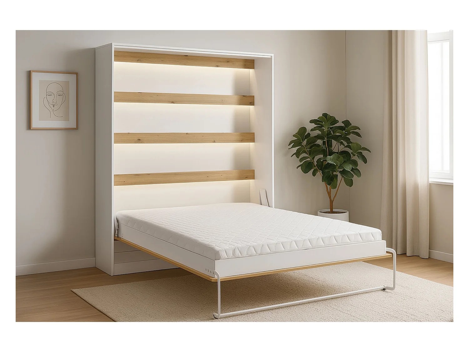 Lit armoire vertical parfait 160x200 qui allie design et fonctionnalité avec matelas en chêne + blanc