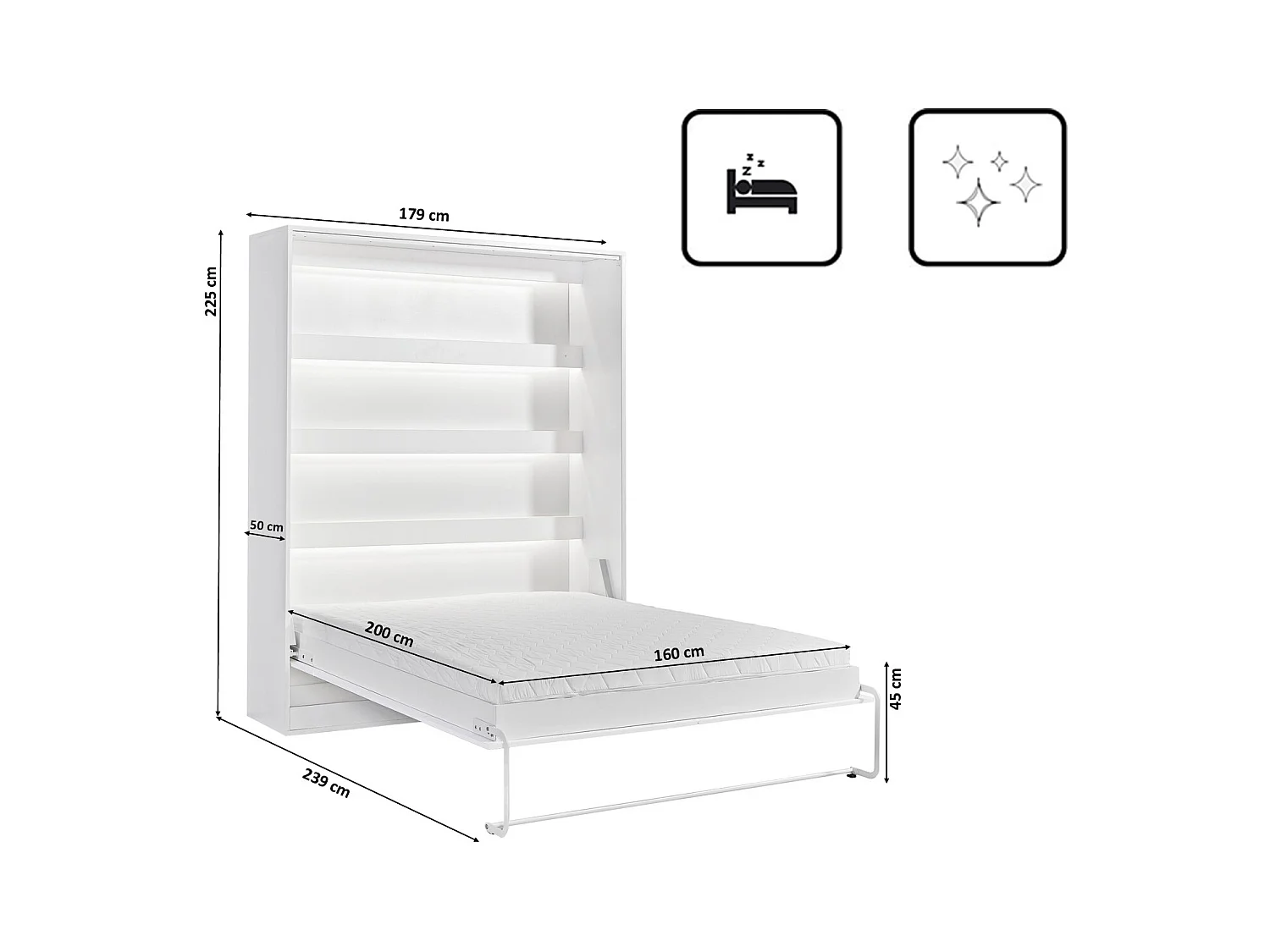Lit armoire vertical parfait 160x200 qui allie design et fonctionnalité avec matelas Blanc+Noir