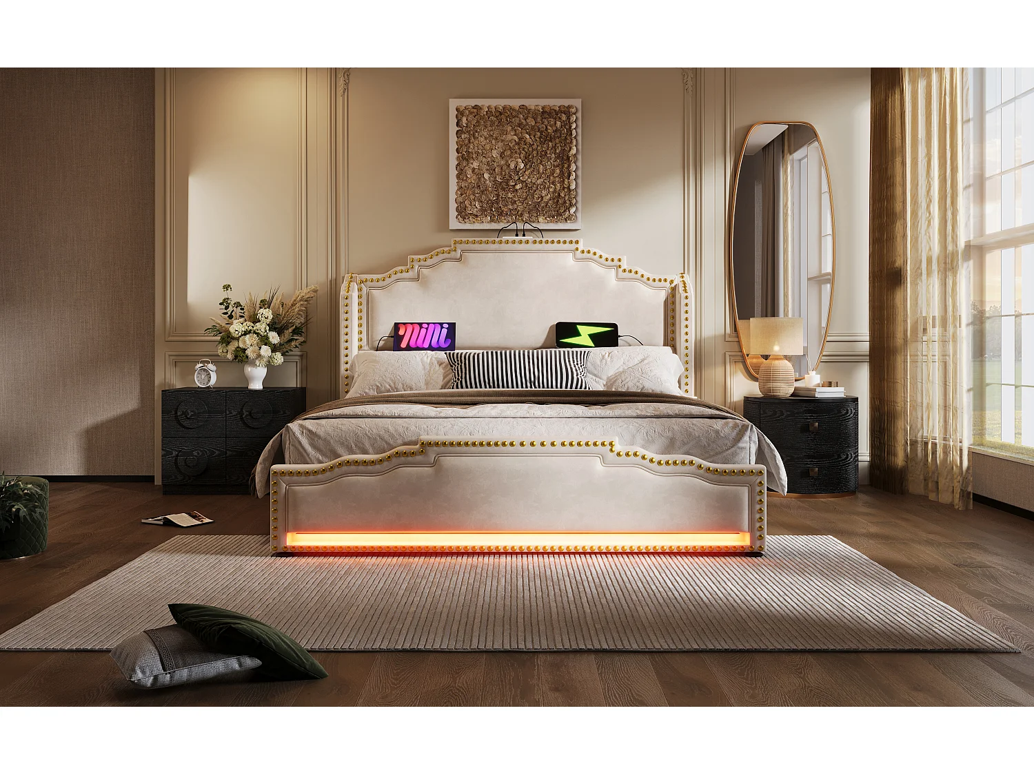 Lit rembourré 180×200 cm, lit double avec 4 tiroirs, éclairage LED et ports USB-C, en velours beige