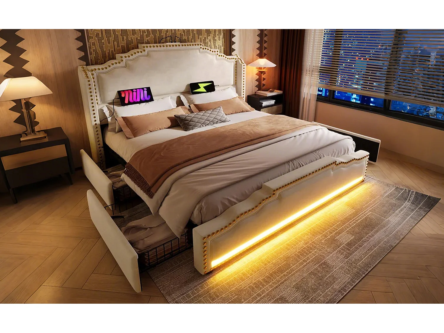 Lit rembourré 180×200 cm, lit double avec 4 tiroirs, éclairage LED et ports USB-C, en velours beige