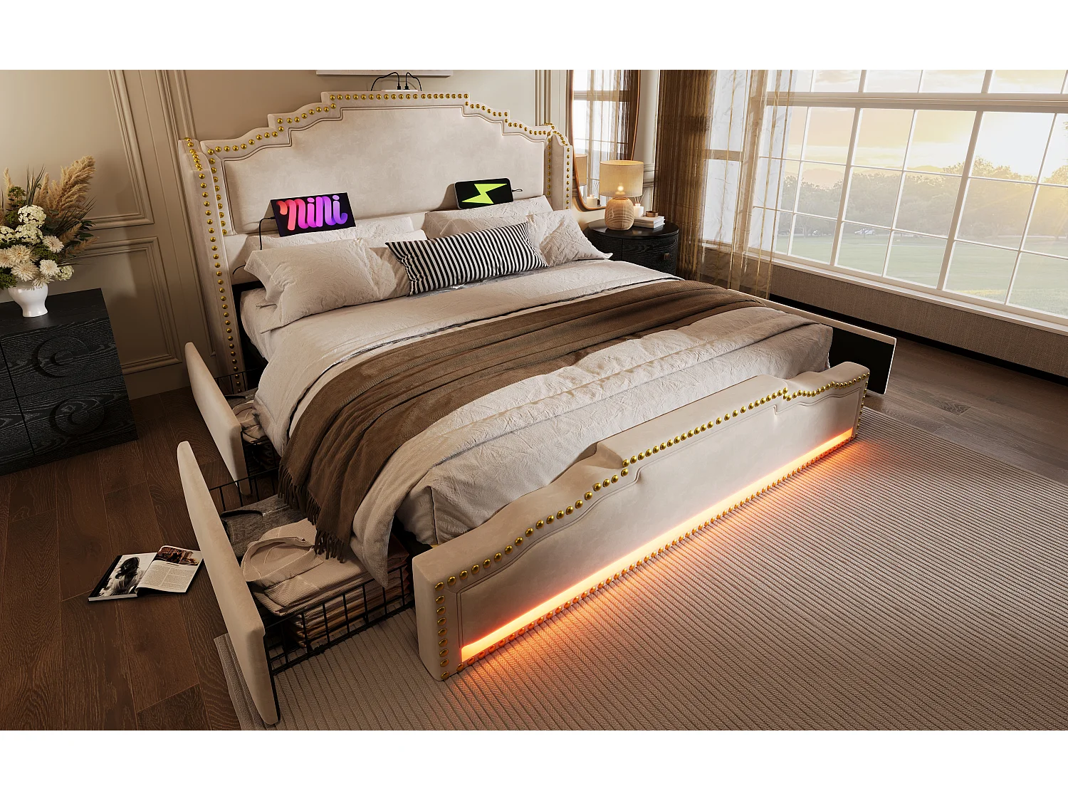 Lit rembourré 180×200 cm, lit double avec 4 tiroirs, éclairage LED et ports USB-C, en velours beige