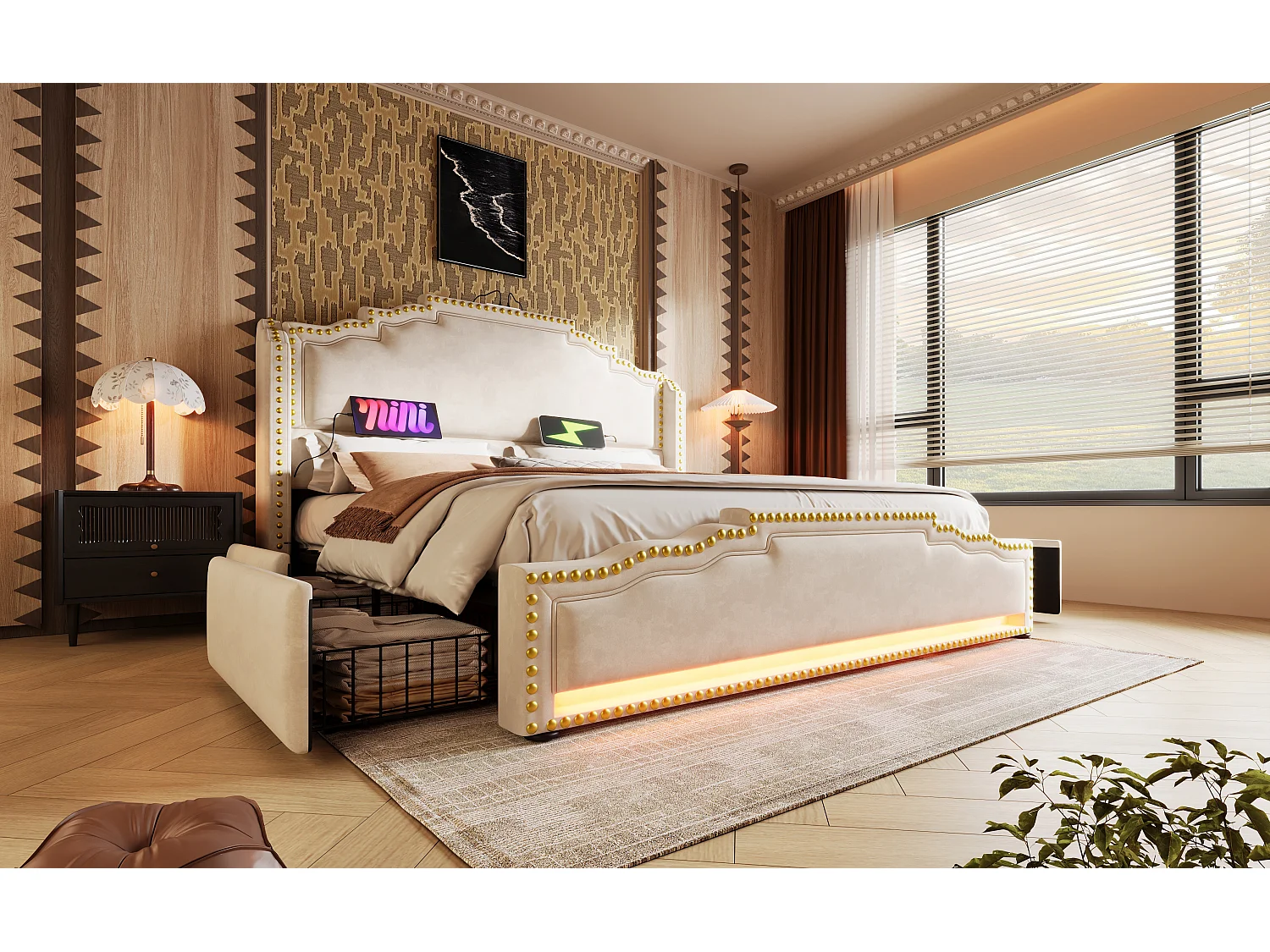 Lit rembourré 180×200 cm, lit double avec 4 tiroirs, éclairage LED et ports USB-C, en velours beige