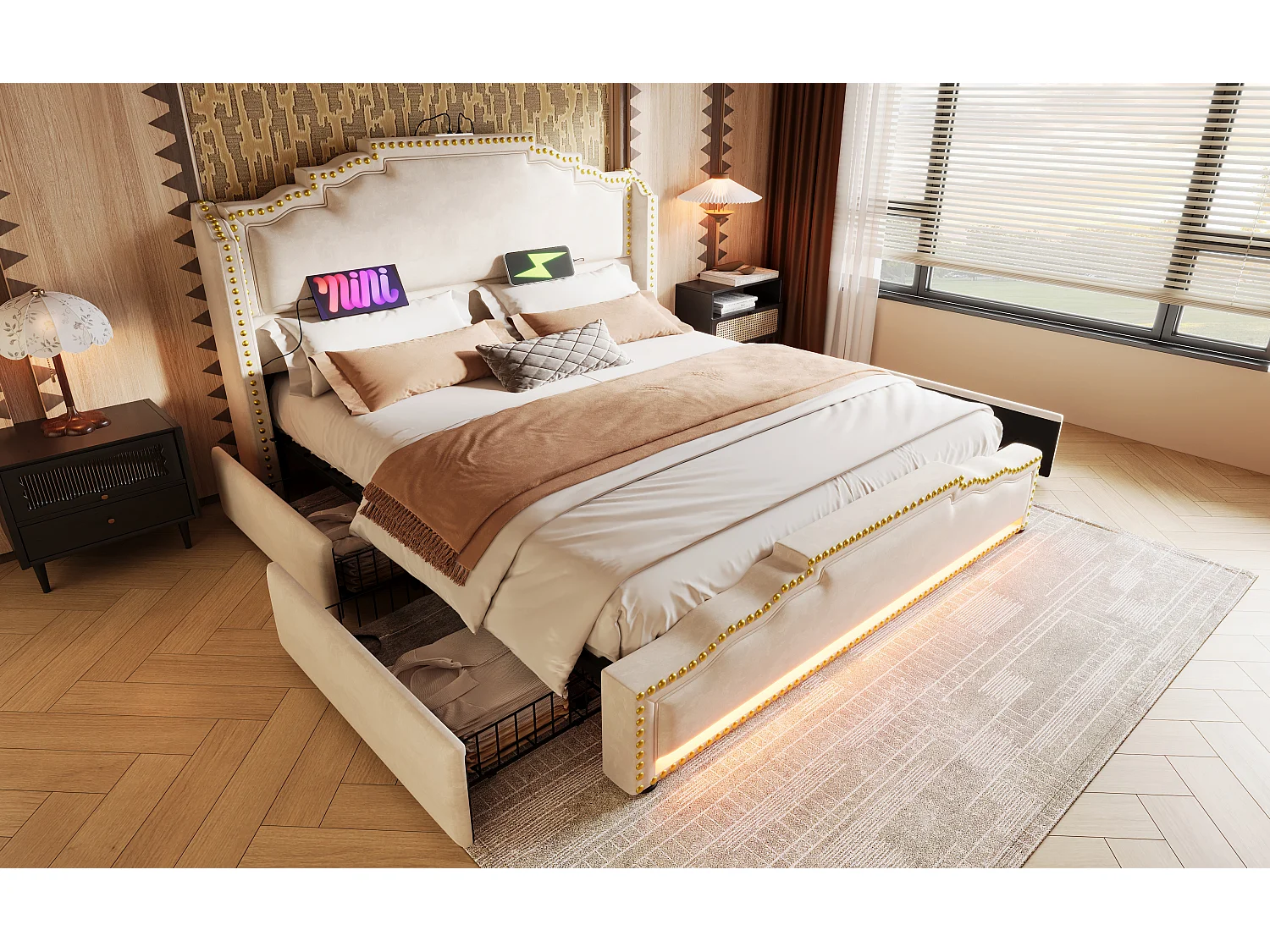 Lit rembourré 180×200 cm, lit double avec 4 tiroirs, éclairage LED et ports USB-C, en velours beige