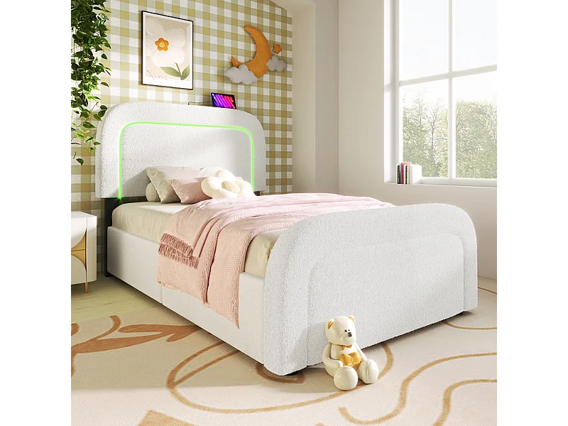 Lit simple 90x200 cm avec fonction de chargement USB Type-C, éclairage LED et 2 tiroirs en Sherpa blanc