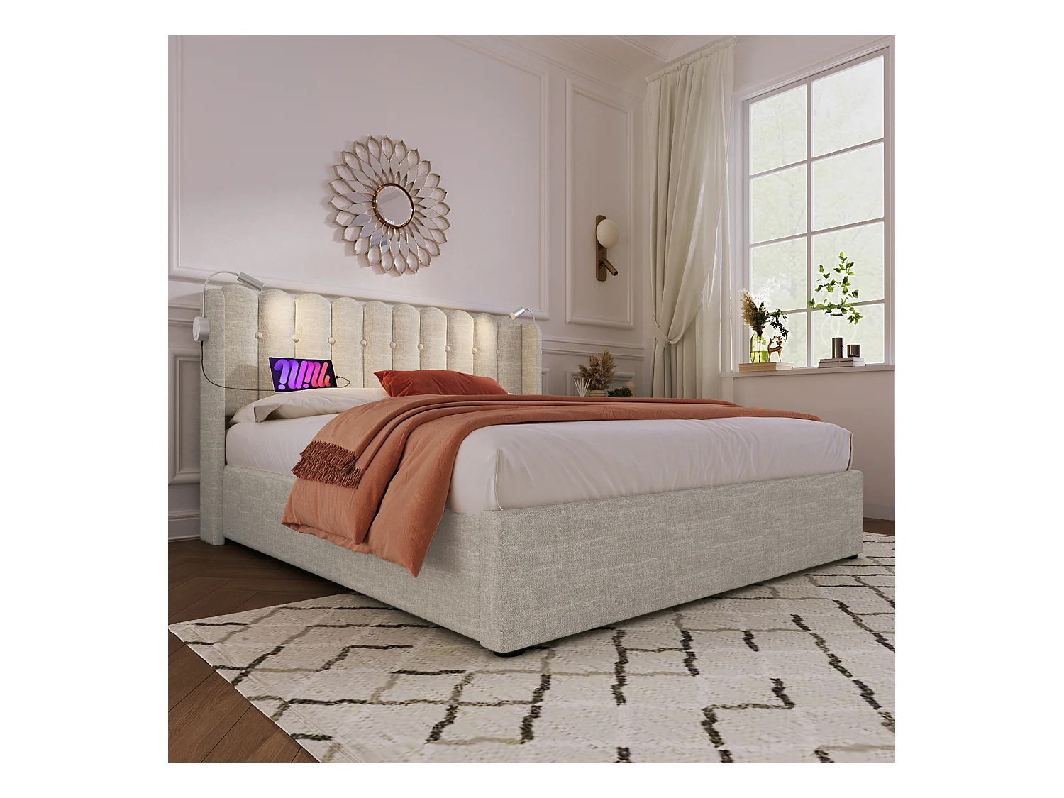 Lit double 160x200 cm en lin naturel avec éclairage de lecture et rangement pratique