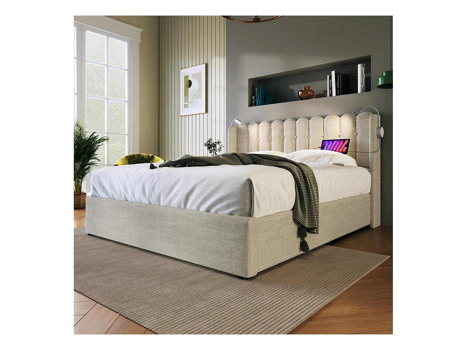 Lit double 160x200 cm en lin naturel avec éclairage de lecture et rangement pratique