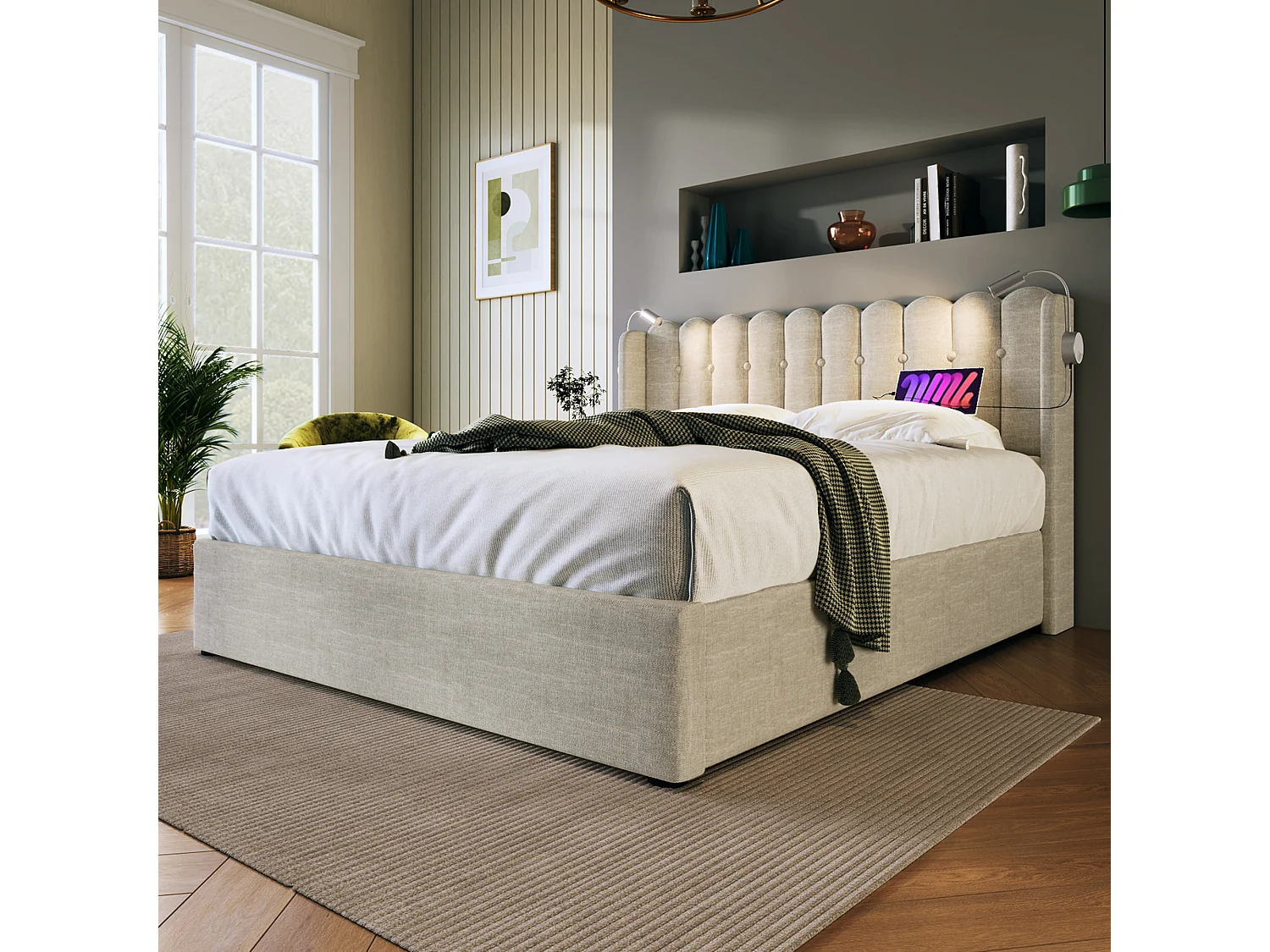 Lit double 160x200 cm en lin naturel avec éclairage de lecture et rangement pratique