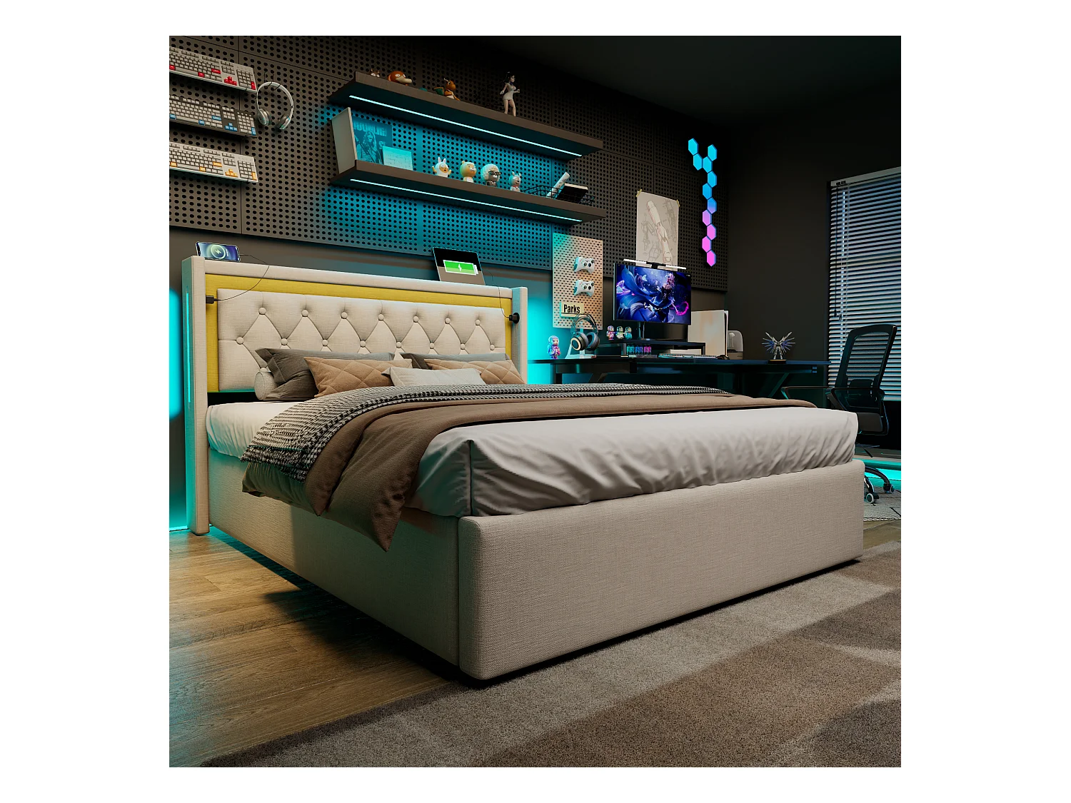 Lit double 140x200 cm en beige avec éclairage LED, rangement et ports USB