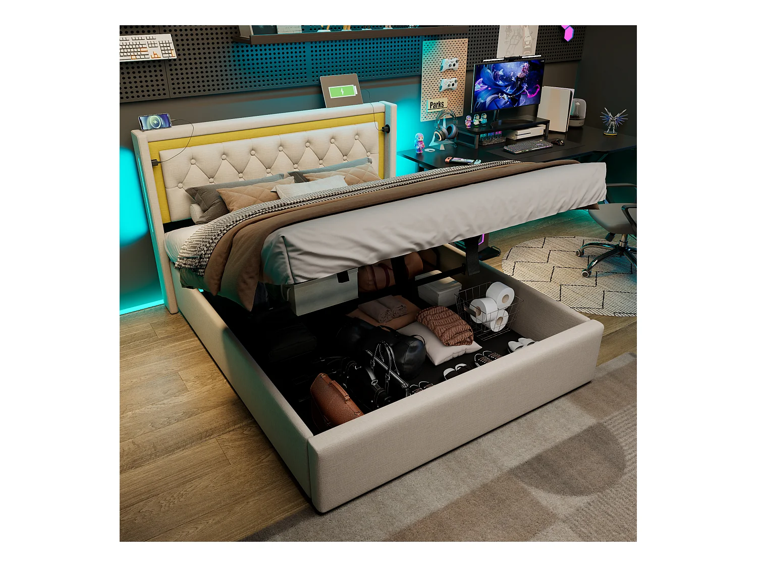 Lit double 140x200 cm en beige avec éclairage LED, rangement et ports USB