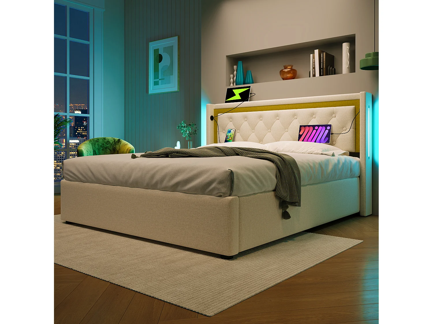Lit double 140x200 cm en beige avec éclairage LED, rangement et ports USB