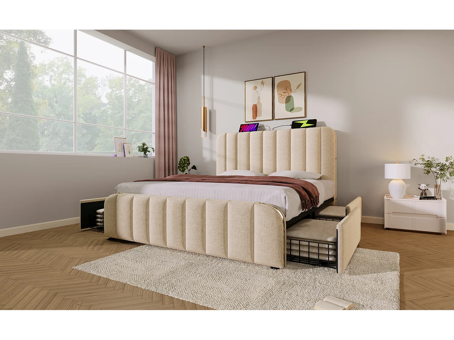 Lit double 140×200 cm en lin beige avec tête de lit rembourrée et 4 tiroirs, USB Type-C intégré