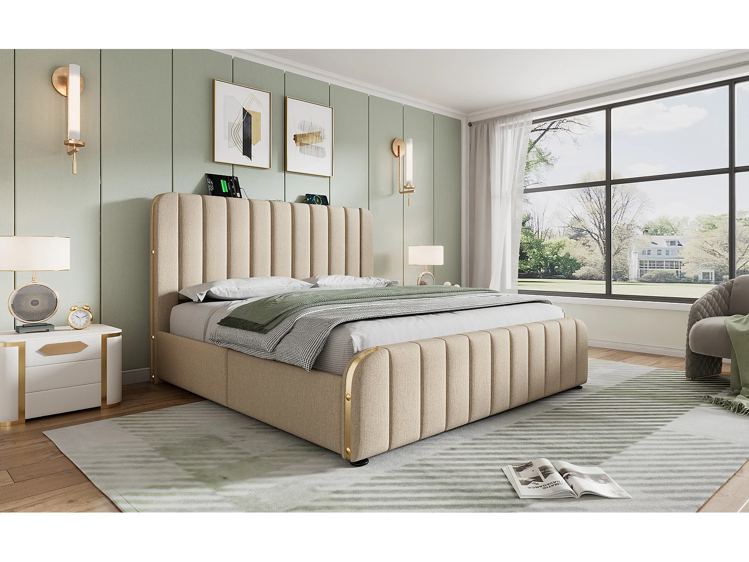 Lit double 140×200 cm en lin beige avec tête de lit rembourrée et 4 tiroirs, USB Type-C intégré