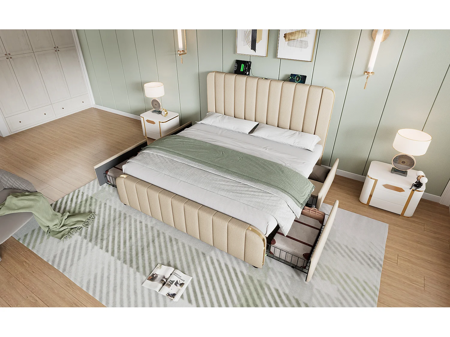 Lit double 140×200 cm en lin beige avec tête de lit rembourrée et 4 tiroirs, USB Type-C intégré