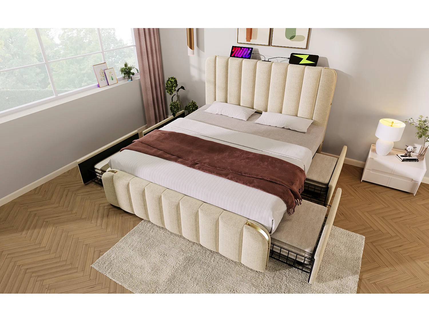Lit double 140×200 cm en lin beige avec tête de lit rembourrée et 4 tiroirs, USB Type-C intégré