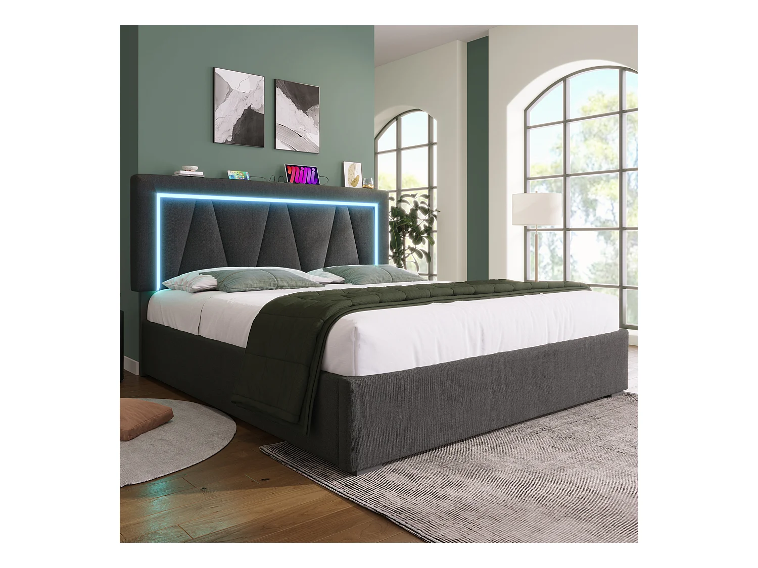 Lit double rembourré 140x200 cm en lin gris avec éclairage LED et station de charge USB