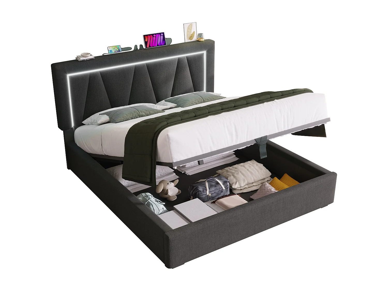 Lit double rembourré 140x200 cm en lin gris avec éclairage LED et station de charge USB