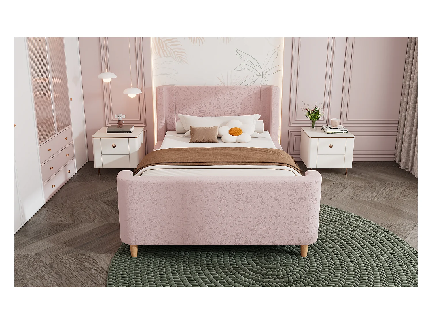 Lit enfant en velours, lit à bascule 90 x 200 cm avec motifs spatiaux, rose, pour garçons et filles