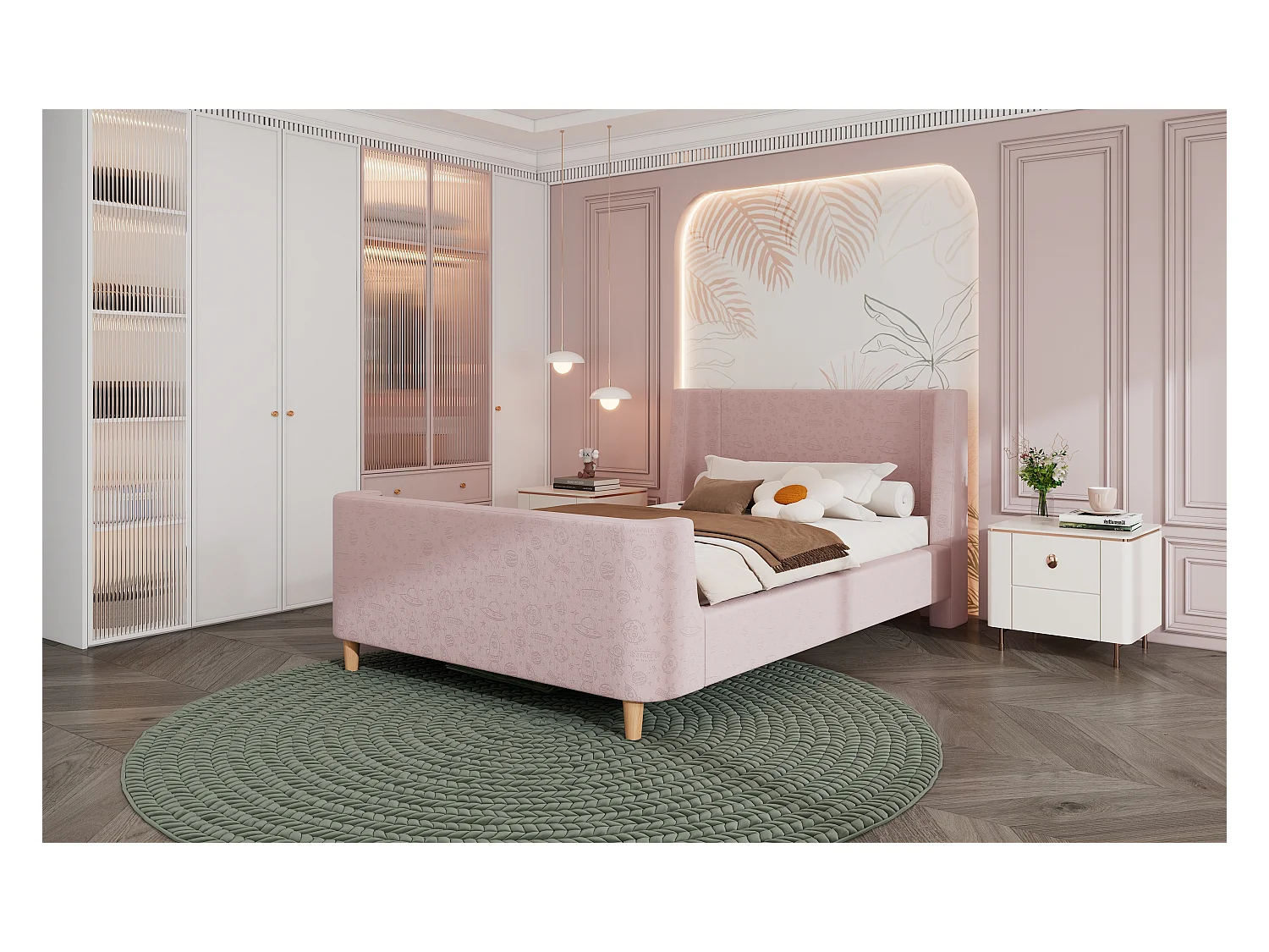 Lit enfant en velours, lit à bascule 90 x 200 cm avec motifs spatiaux, rose, pour garçons et filles