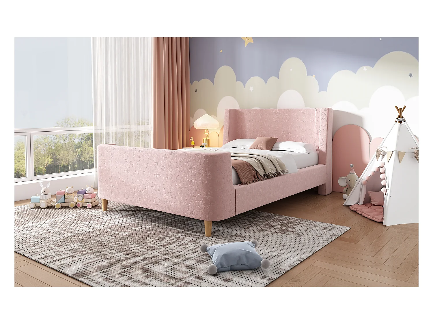 Lit enfant en velours, lit à bascule 90 x 200 cm avec motifs spatiaux, rose, pour garçons et filles