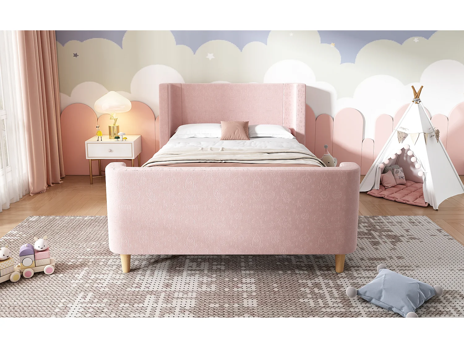 Lit enfant en velours, lit à bascule 90 x 200 cm avec motifs spatiaux, rose, pour garçons et filles