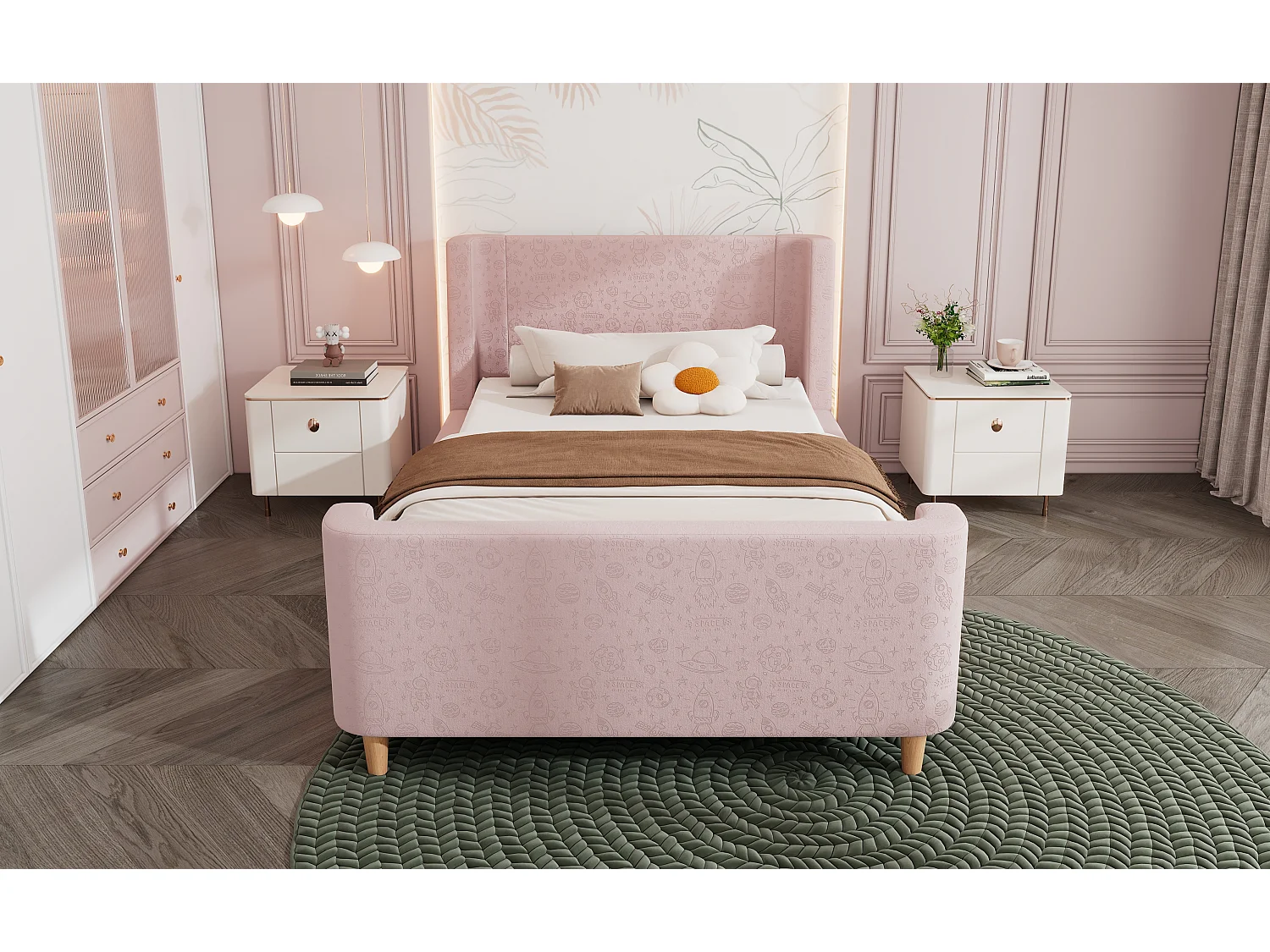 Lit enfant en velours, lit à bascule 90 x 200 cm avec motifs spatiaux, rose, pour garçons et filles