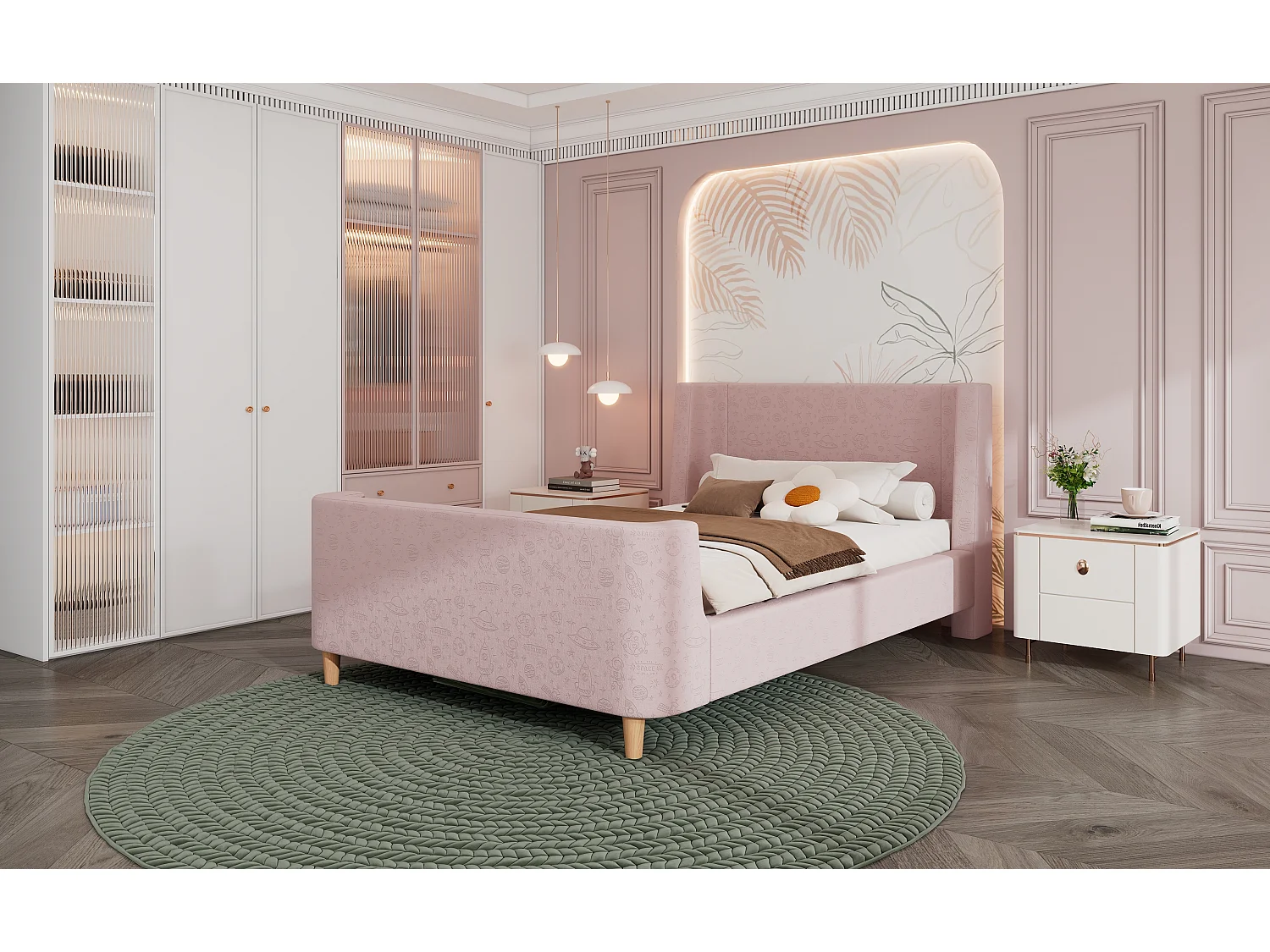 Lit enfant en velours, lit à bascule 90 x 200 cm avec motifs spatiaux, rose, pour garçons et filles