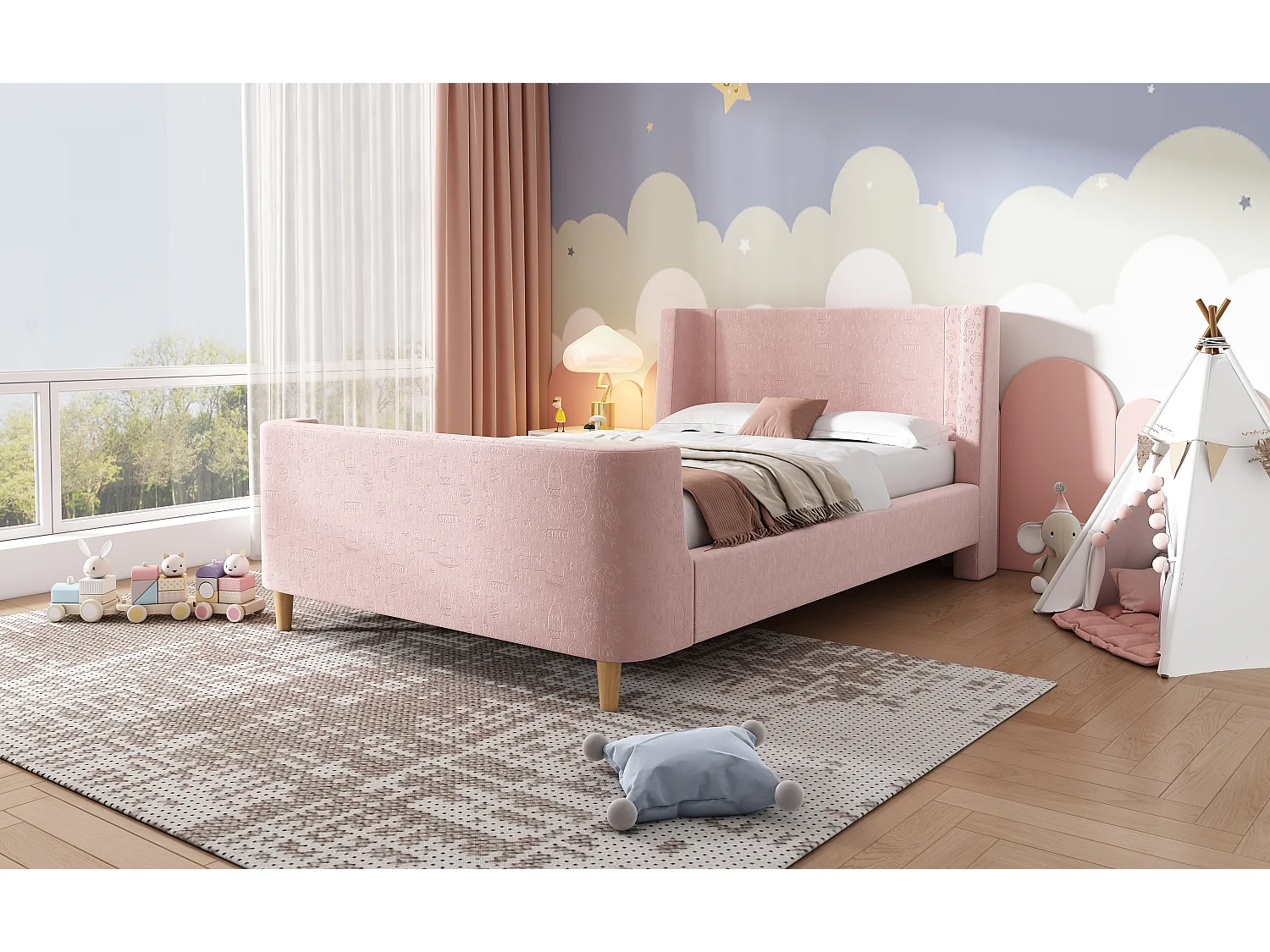 Lit enfant en velours, lit à bascule 90 x 200 cm avec motifs spatiaux, rose, pour garçons et filles