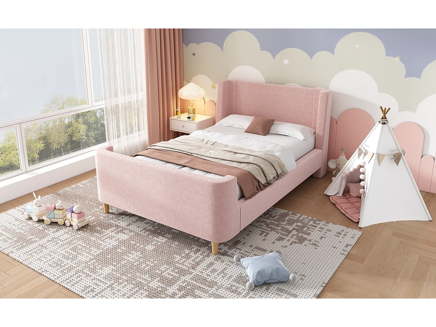 Lit enfant en velours, lit à bascule 90 x 200 cm avec motifs spatiaux, rose, pour garçons et filles