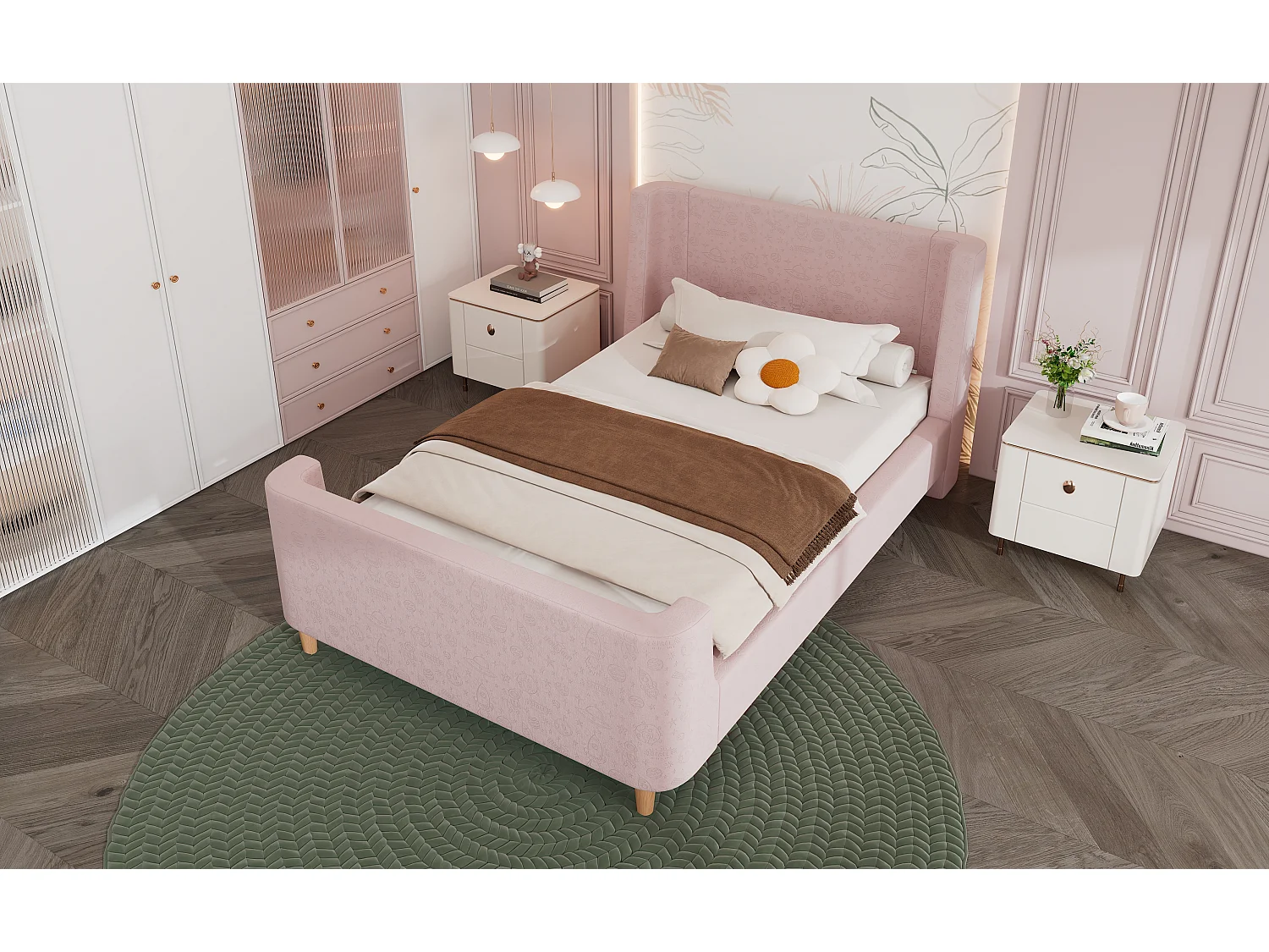 Lit enfant en velours, lit à bascule 90 x 200 cm avec motifs spatiaux, rose, pour garçons et filles