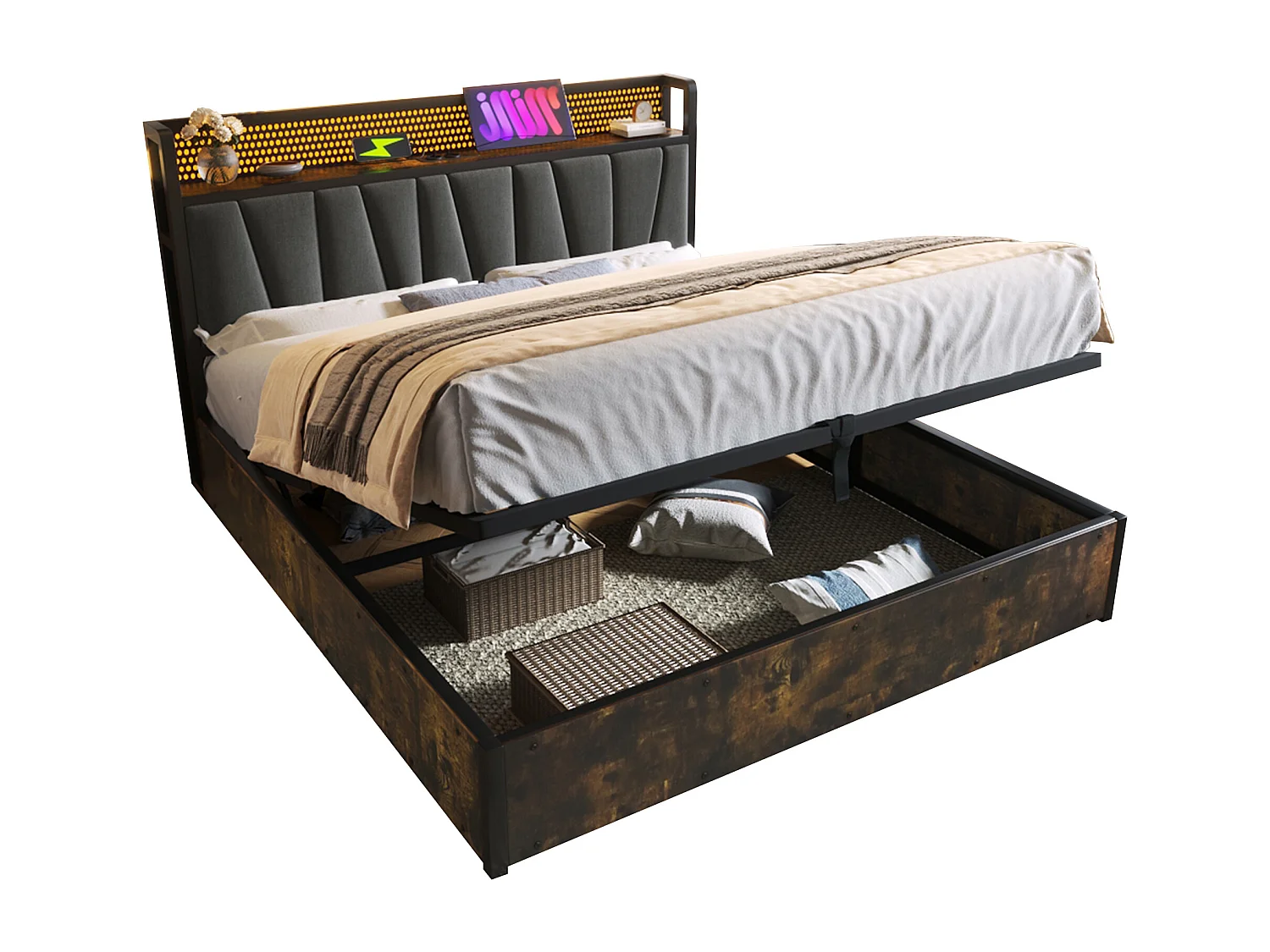 Lit double en métal 160x200 cm avec tête de lit LED, ports USB et rangement pratique