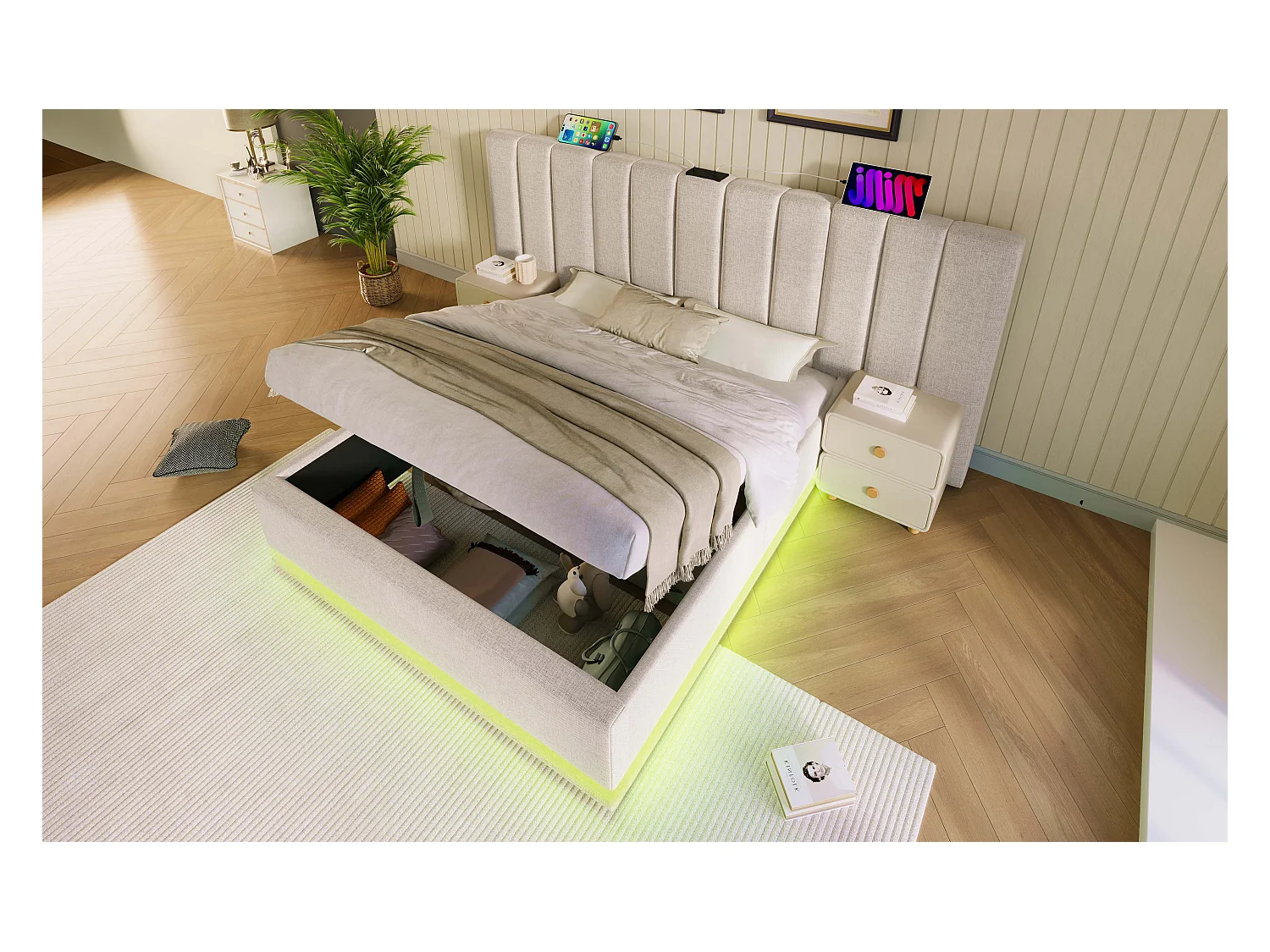 Lit rembourré 180×200 cm, lit double avec rangement, éclairage LED et chargeur USB-C, cadre avec lattes, lin, beige