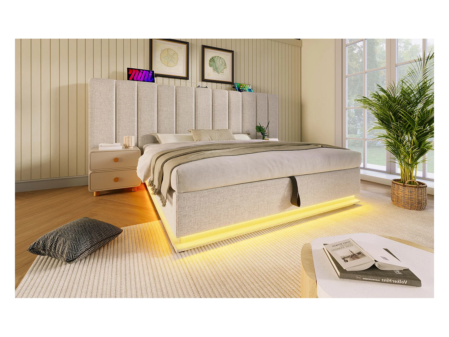 Lit rembourré 180×200 cm, lit double avec rangement, éclairage LED et chargeur USB-C, cadre avec lattes, lin, beige
