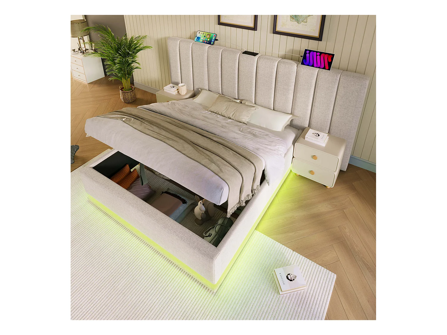 Lit rembourré 180×200 cm, lit double avec rangement, éclairage LED et chargeur USB-C, cadre avec lattes, lin, beige