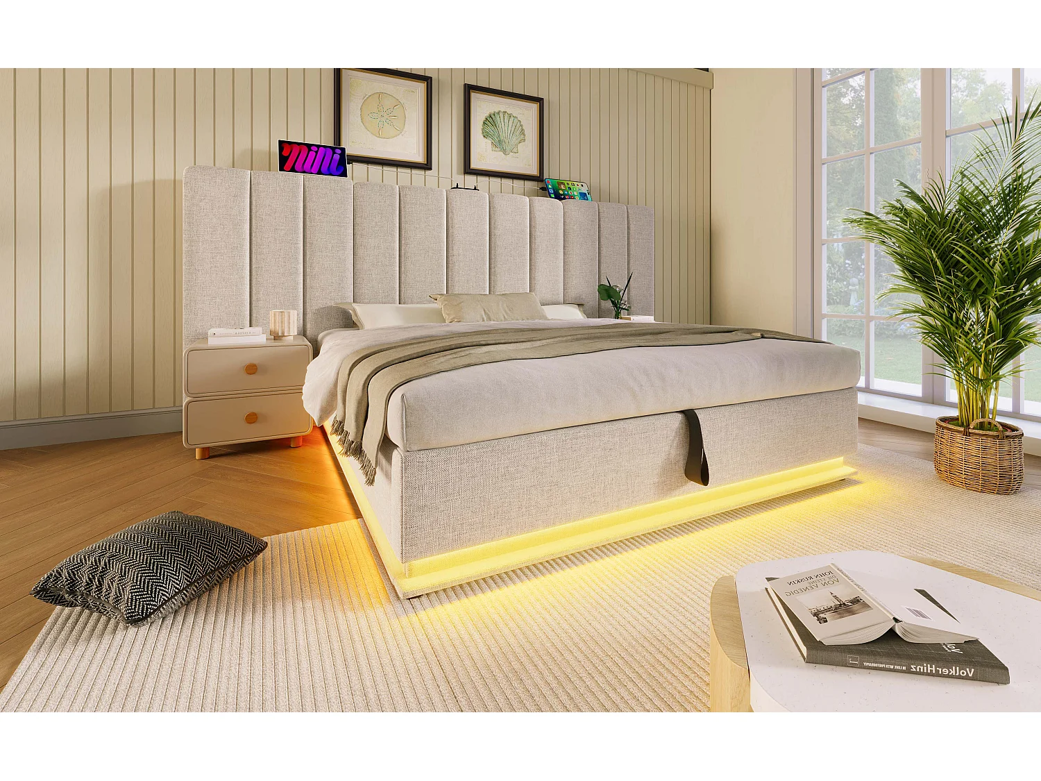 Lit rembourré 180×200 cm, lit double avec rangement, éclairage LED et chargeur USB-C, cadre avec lattes, lin, beige