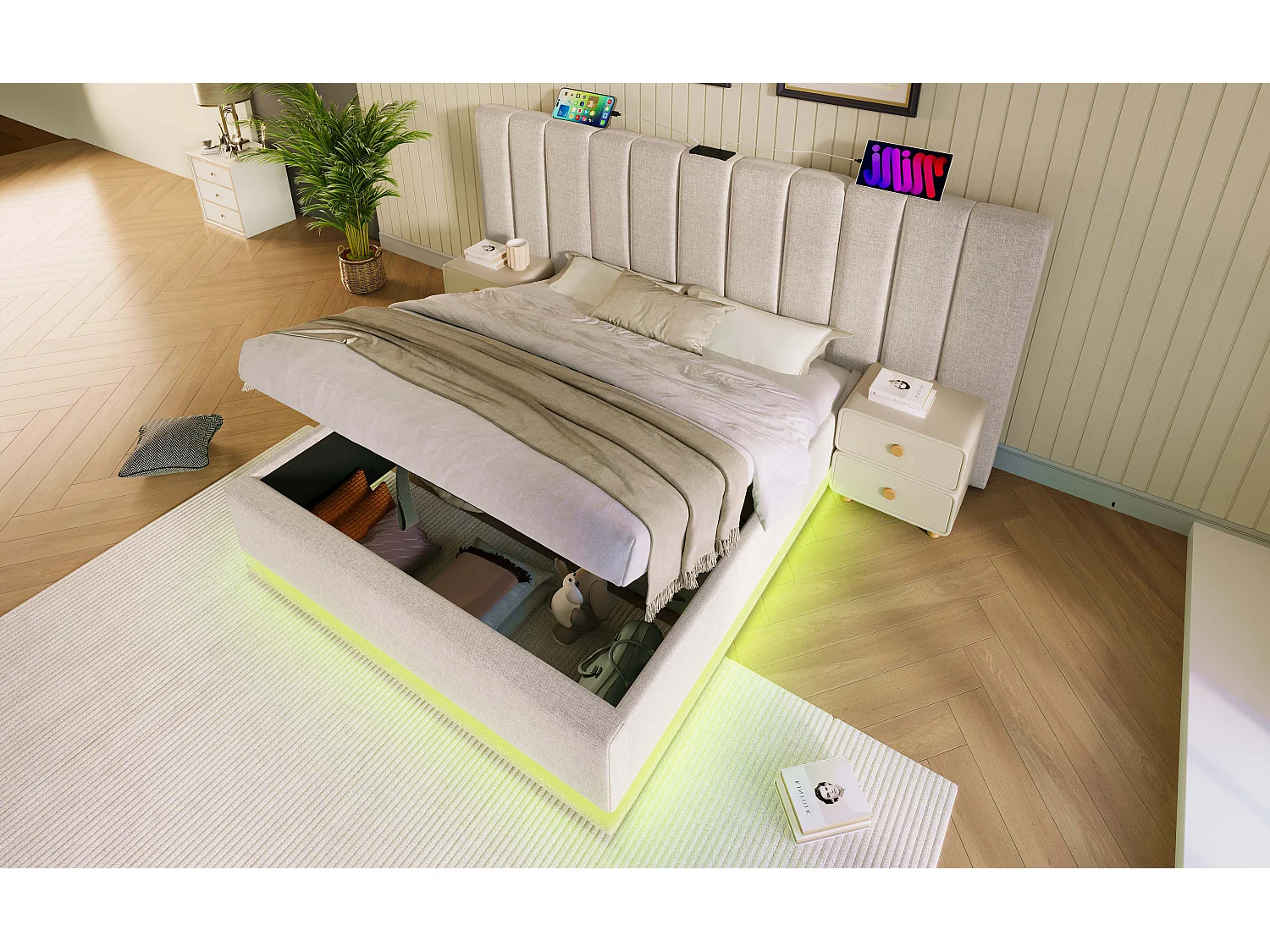 Lit rembourré 180×200 cm, lit double avec rangement, éclairage LED et chargeur USB-C, cadre avec lattes, lin, beige