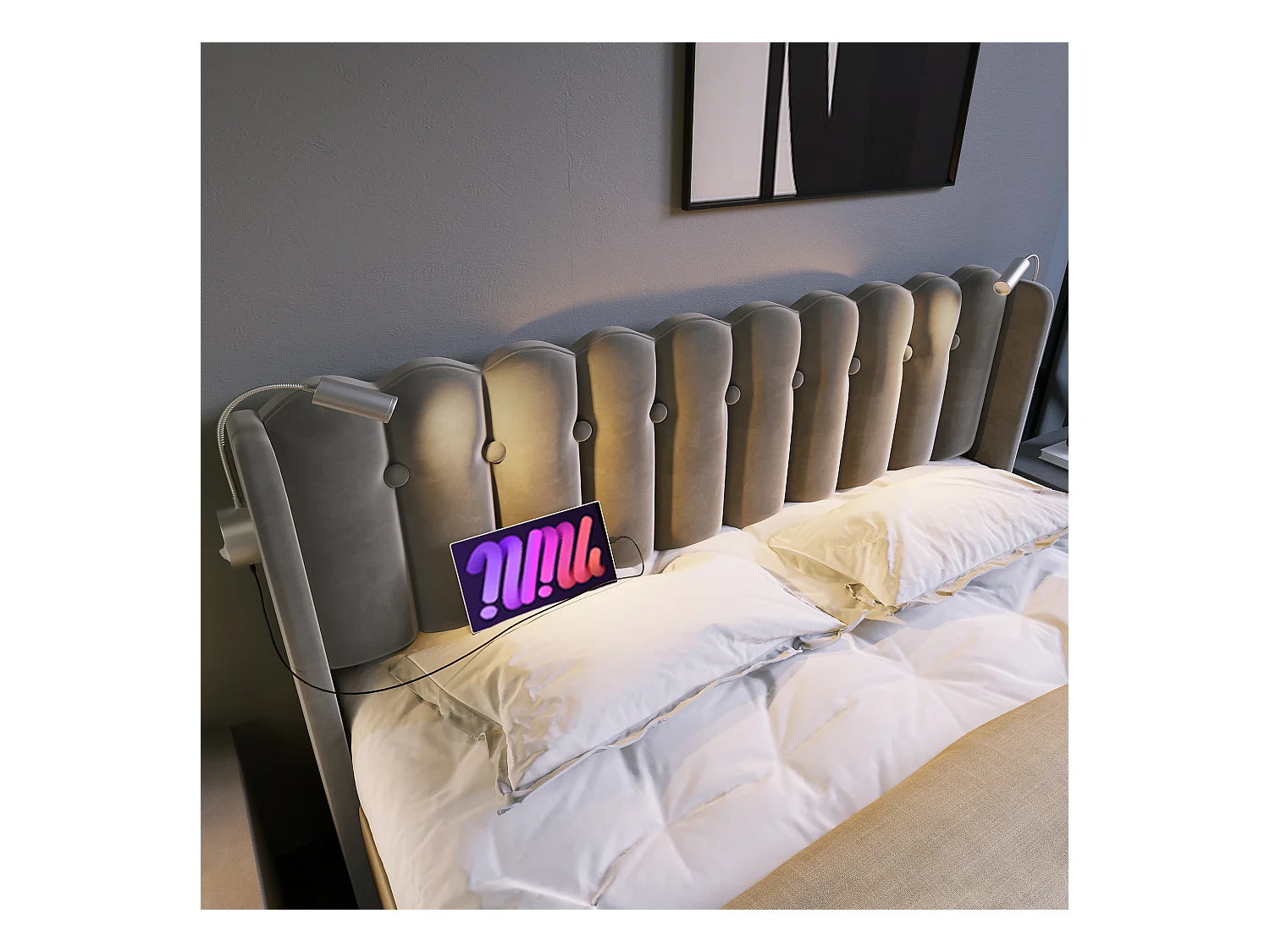 Lit double 140x200 cm en velours gris avec éclairage de lecture et fonction de chargement