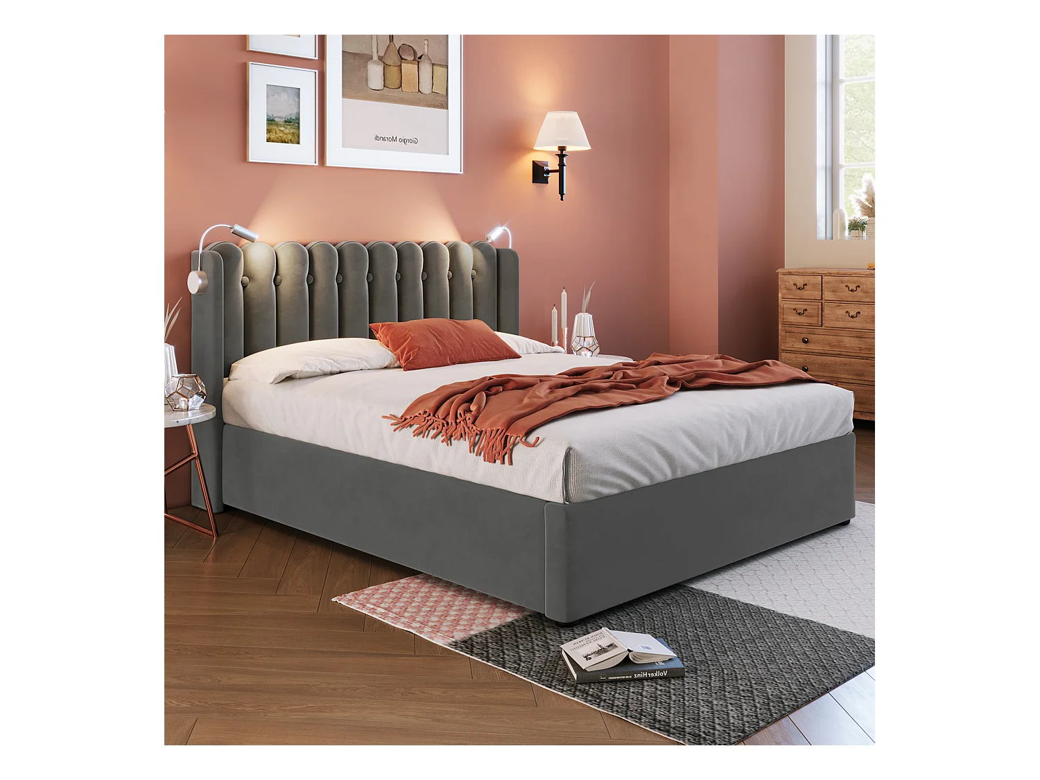 Lit double 140x200 cm en velours gris avec éclairage de lecture et fonction de chargement