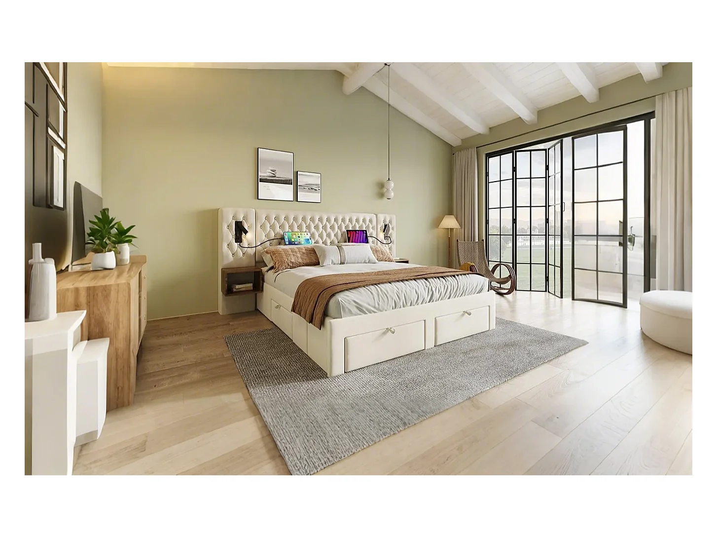 Lit double 160×200 cm en velours beige avec 2 tables de nuit et 4 tiroirs, éclairage USB