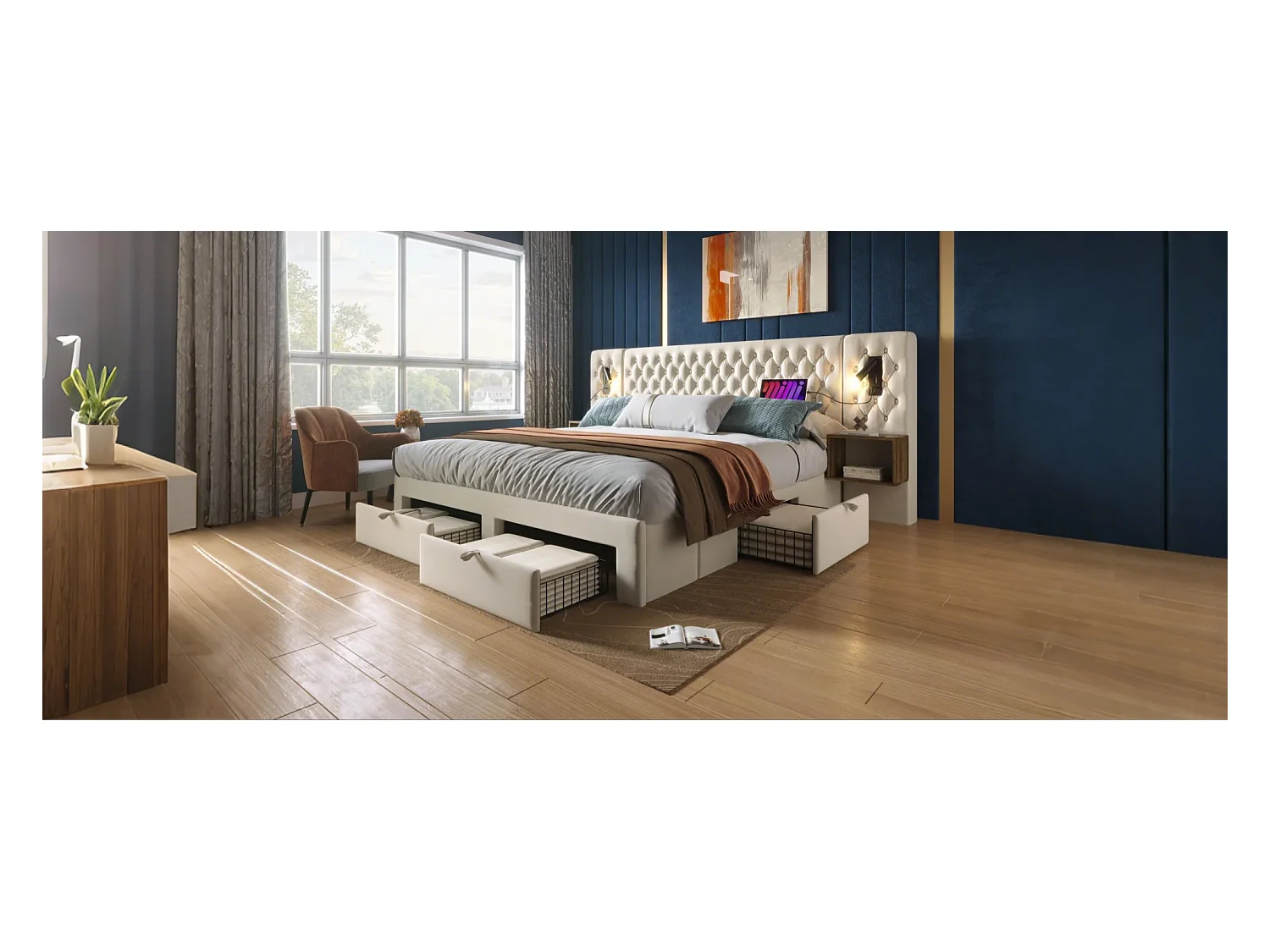 Lit double 160×200 cm en velours beige avec 2 tables de nuit et 4 tiroirs, éclairage USB