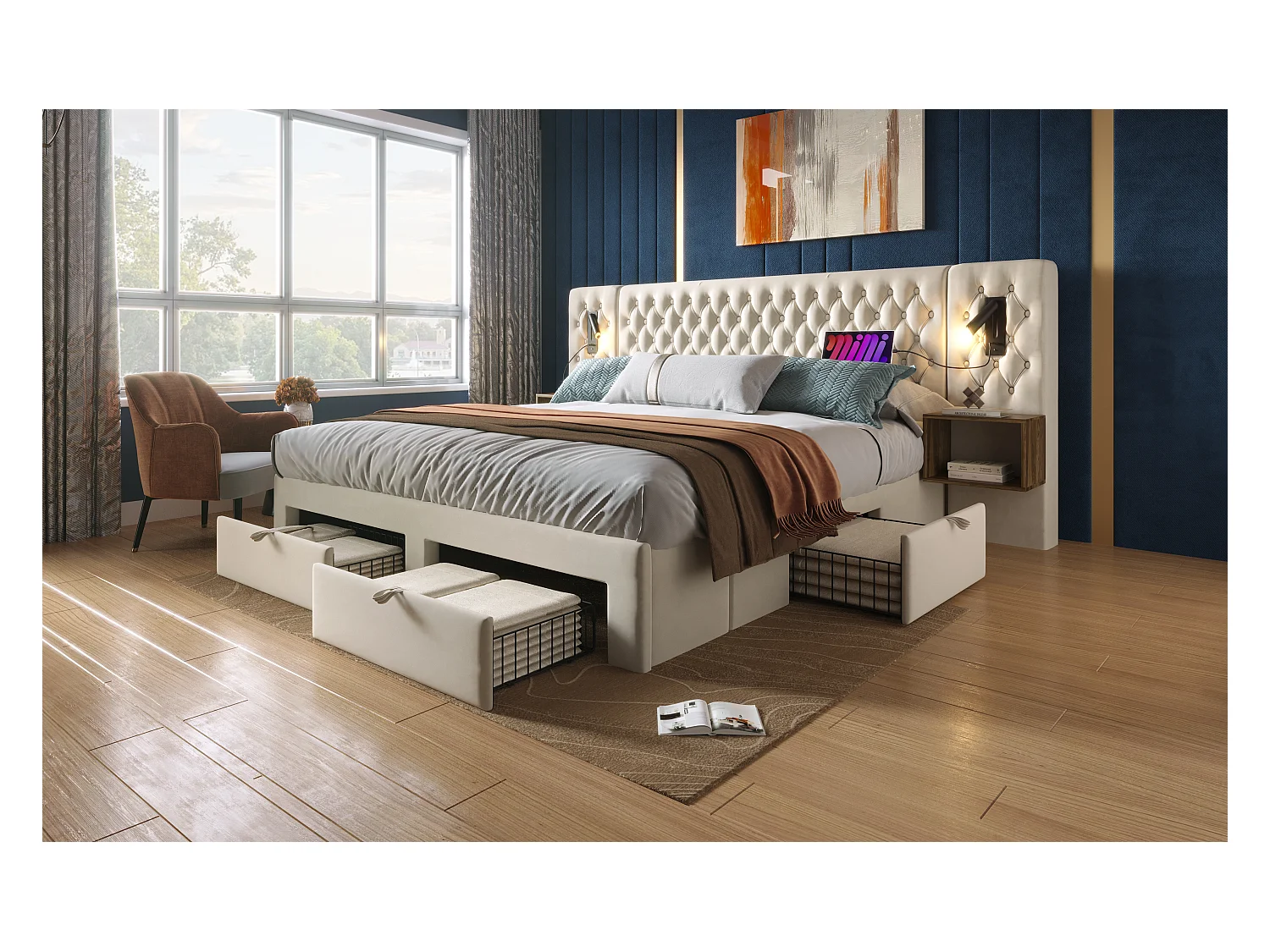 Lit double 160×200 cm en velours beige avec 2 tables de nuit et 4 tiroirs, éclairage USB
