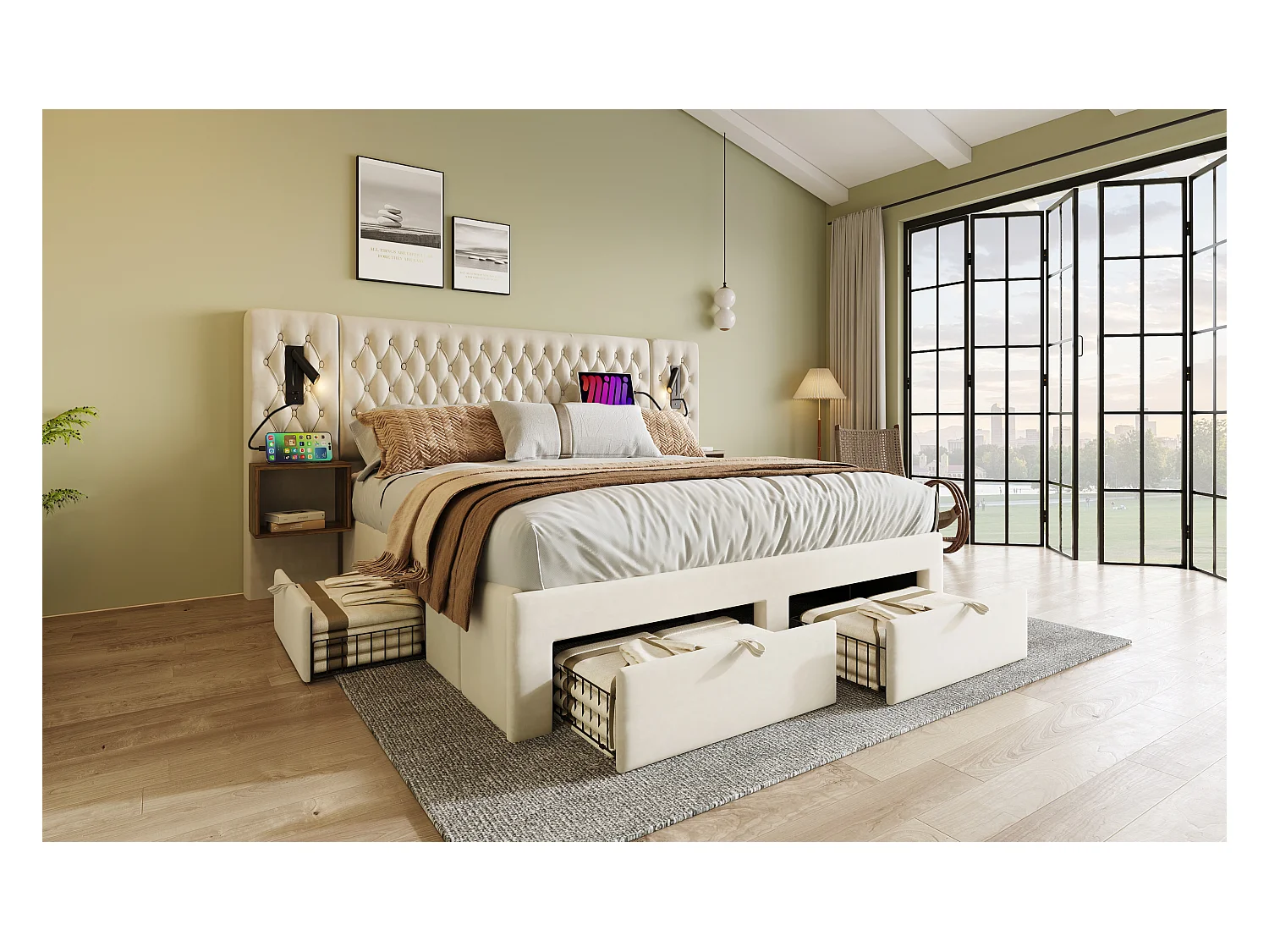 Lit double 160×200 cm en velours beige avec 2 tables de nuit et 4 tiroirs, éclairage USB