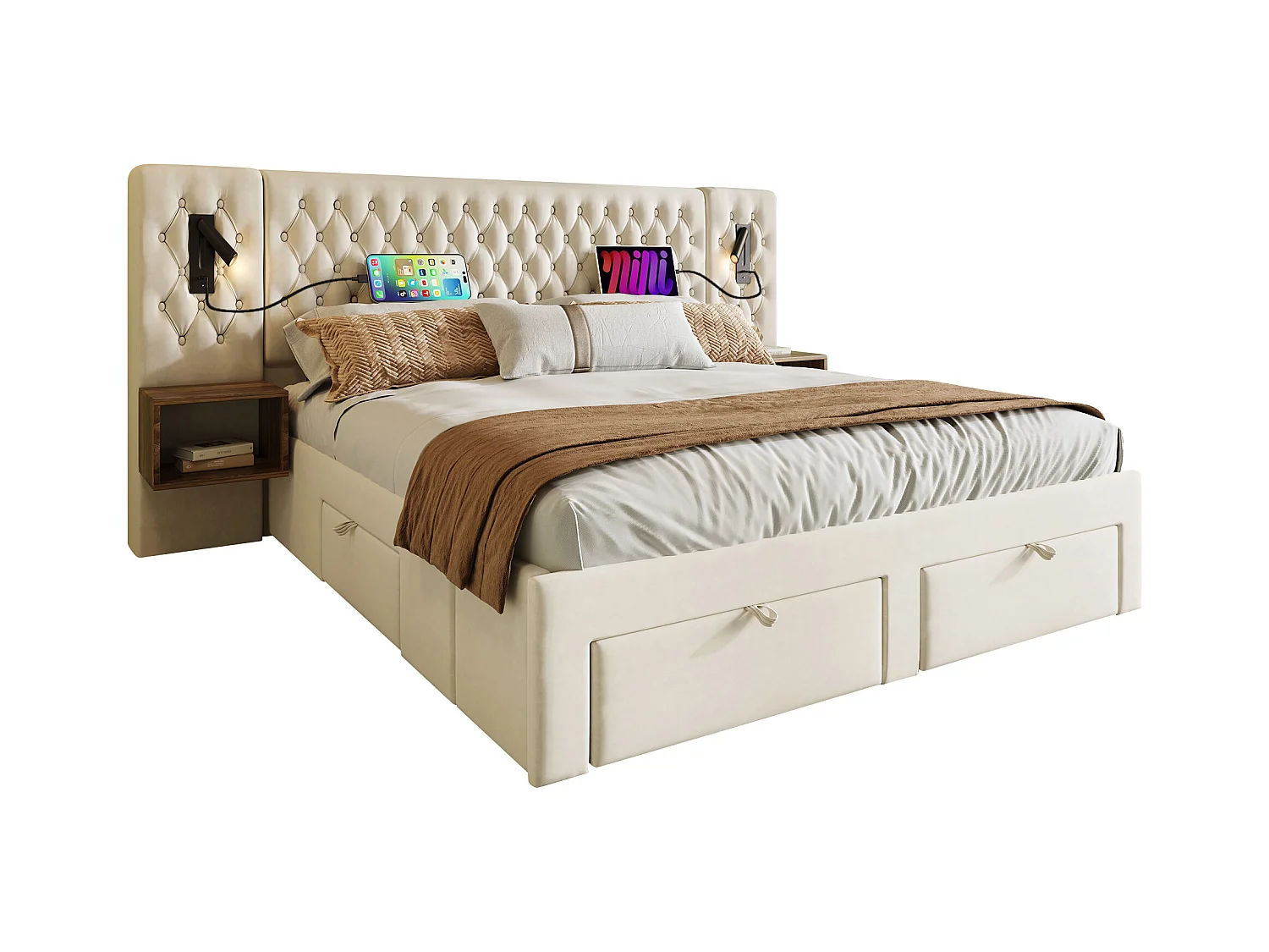 Lit double 160×200 cm en velours beige avec 2 tables de nuit et 4 tiroirs, éclairage USB