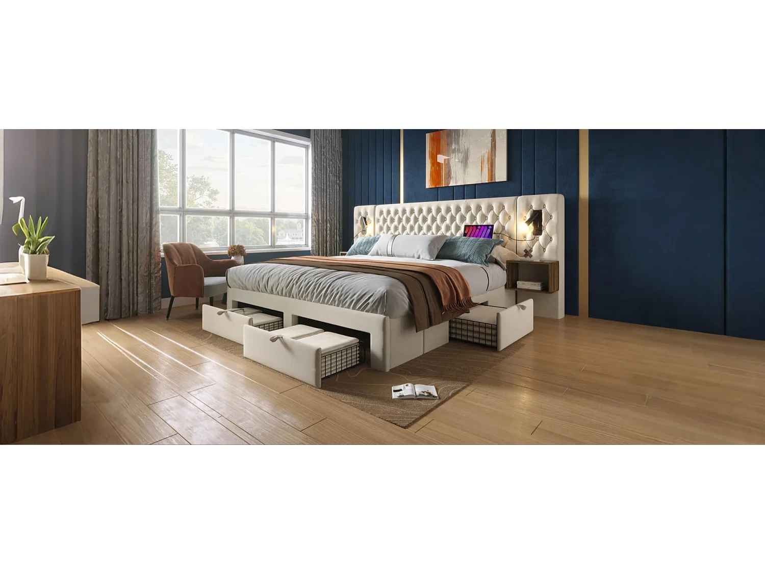 Lit double 160×200 cm en velours beige avec 2 tables de nuit et 4 tiroirs, éclairage USB
