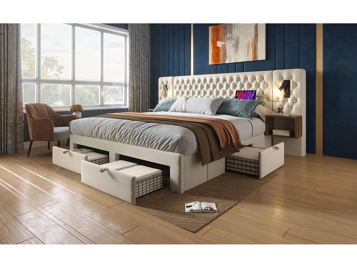 Lit double 160×200 cm en velours beige avec 2 tables de nuit et 4 tiroirs, éclairage USB
