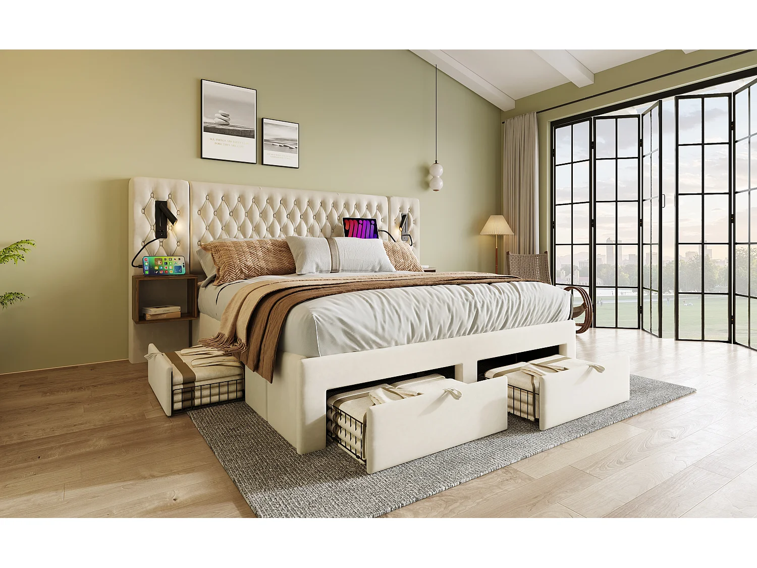 Lit double 160×200 cm en velours beige avec 2 tables de nuit et 4 tiroirs, éclairage USB