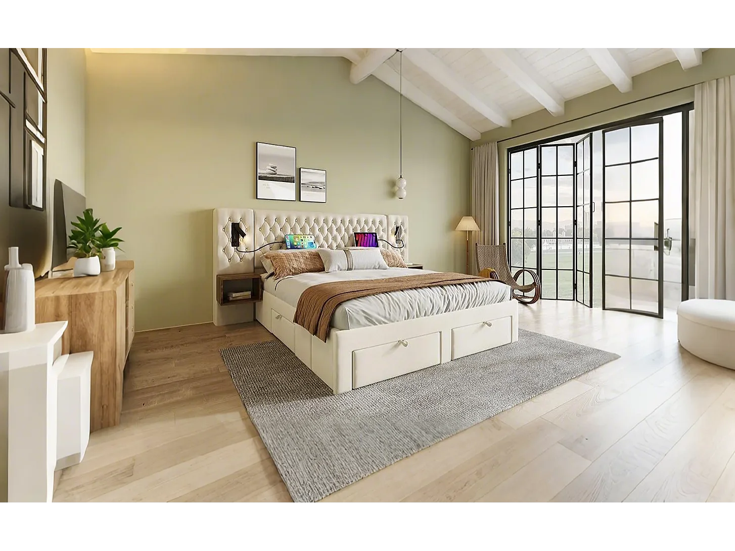 Lit double 160×200 cm en velours beige avec 2 tables de nuit et 4 tiroirs, éclairage USB