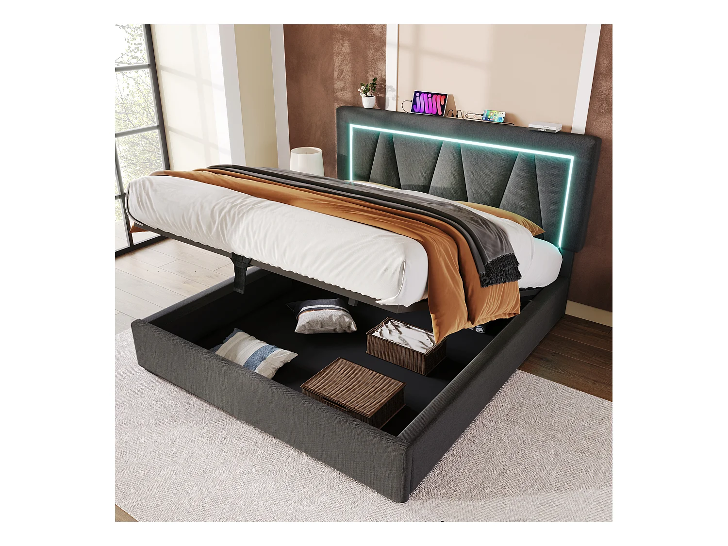 Lit double en lin gris 160x200 cm avec tête de lit réglable et éclairage LED, USB intégré