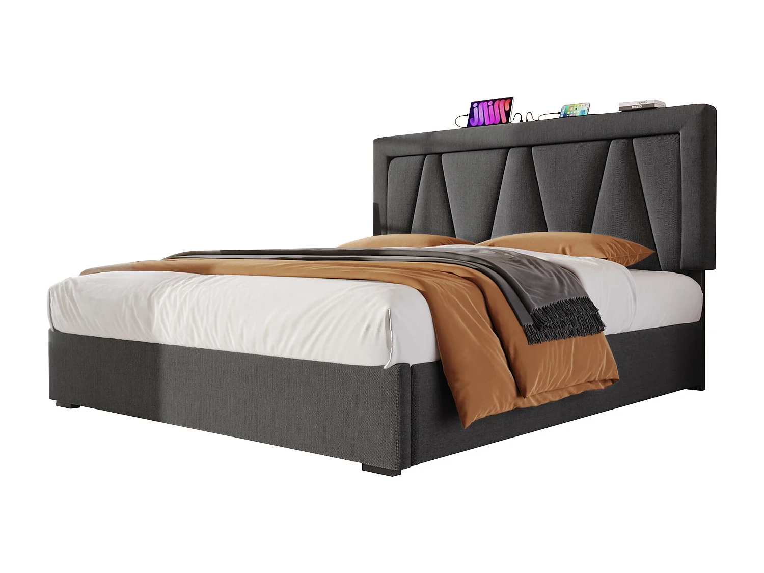 Lit double en lin gris 160x200 cm avec tête de lit réglable et éclairage LED, USB intégré