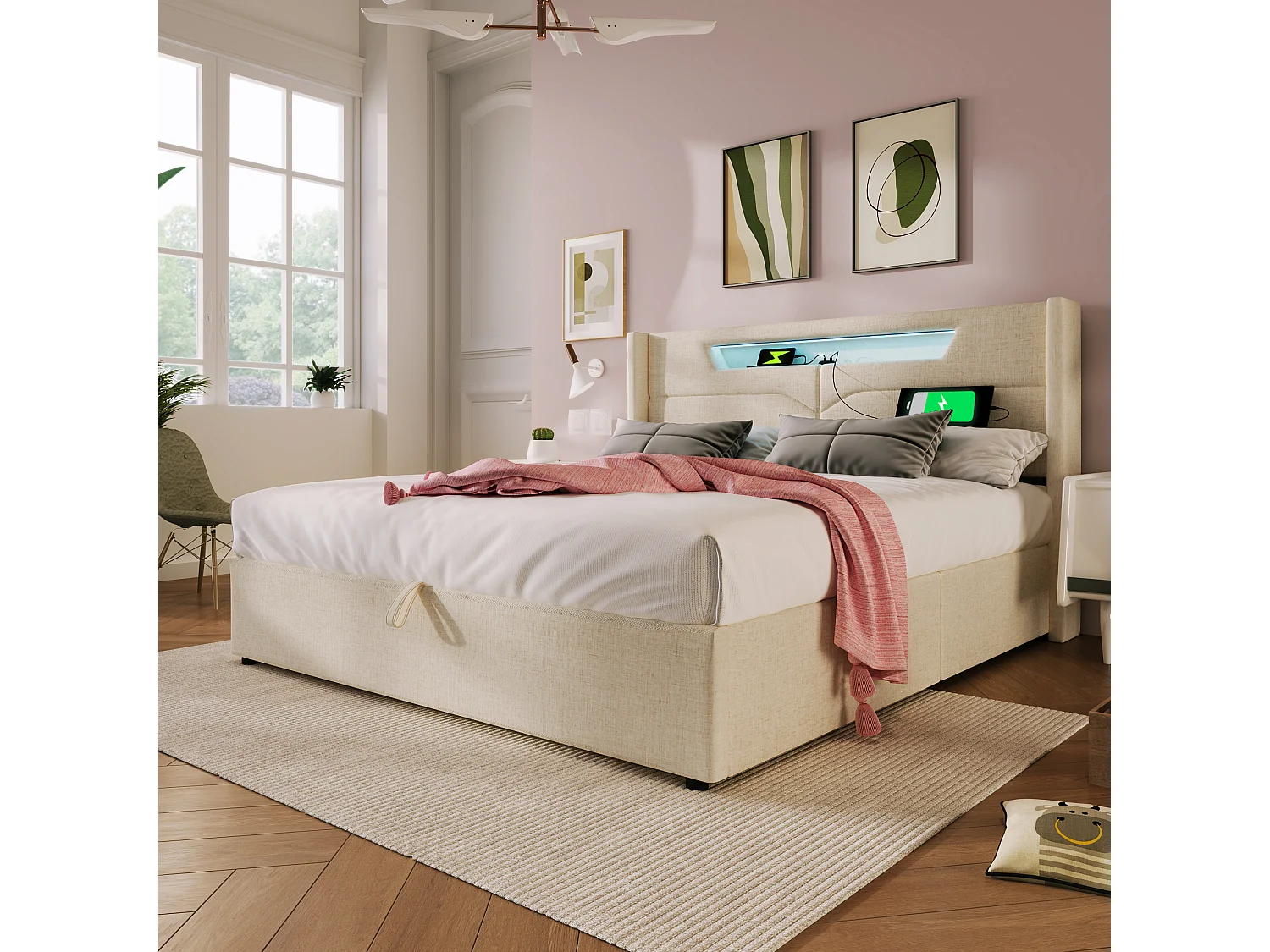 Lit double 160x200 cm en lin beige avec éclairage LED et station de charge USB