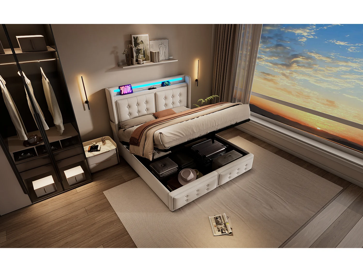 Lit rembourré 140x200 cm, lit double avec tête de lit LED et fonction de chargement USB, rangement hydraulique